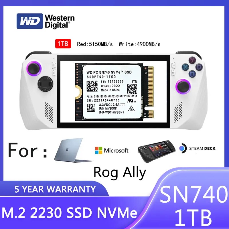 웨스턴 디지털 WD SN740, 1TB M.2 2230 SSD, NVMe PCIe Gen4 x4 SSD, 마이크로소프트 서피스 프로 X 서피스 노트북 3 스팀 데크용
